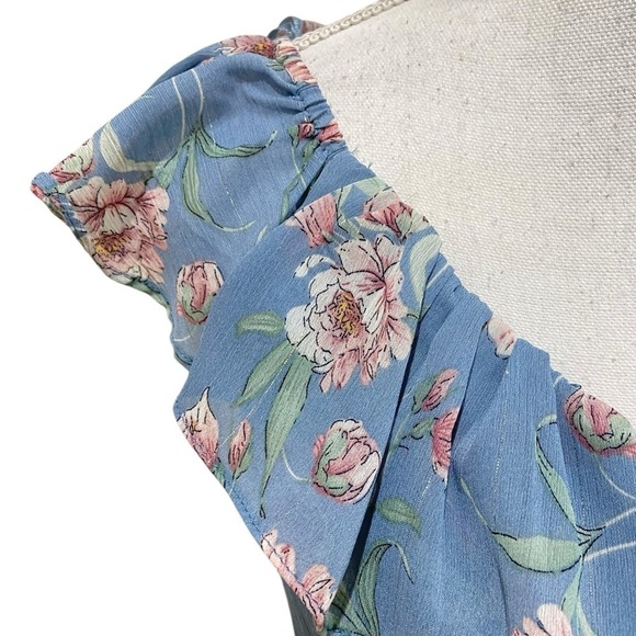 Floret Studios blue floral v neck smocked ruffle midi dress high slit size small - Picture 8 of 14